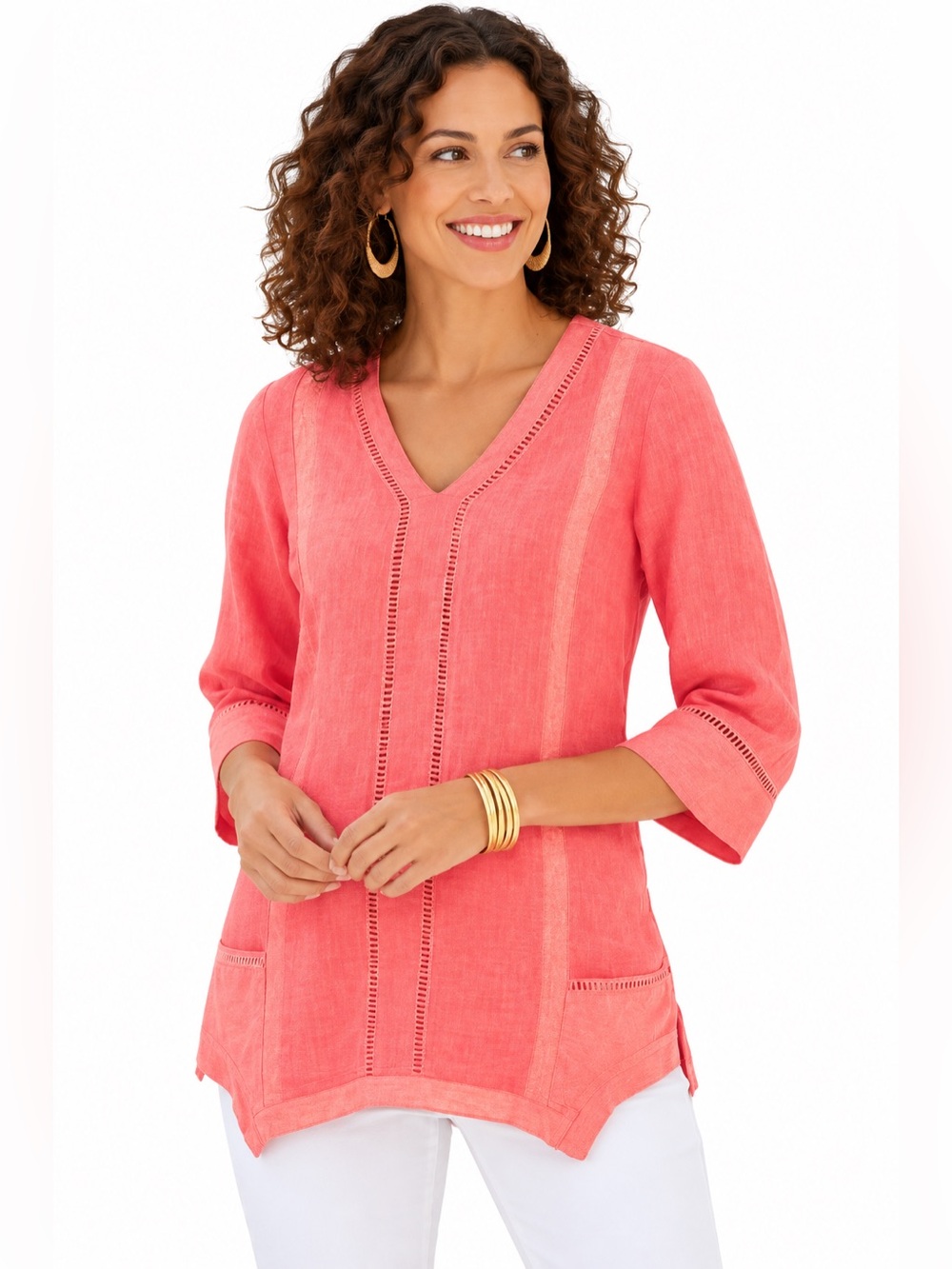 SOFT SURROUNDINGS Linen Leonie Tunic Sun Kissed Coral V Neck Size XL NEW